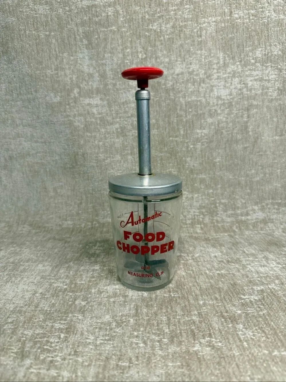 Vintage Antique Automatic Food Chopper & Measuring Cup Glass Manual Hand Push